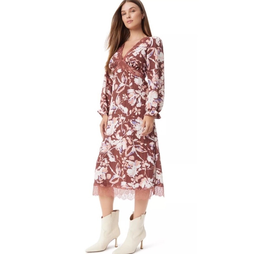 Sam Edelman Camilla Floral Lace-Trim Midi Dress Bitter Chocolate Bloom M NWT